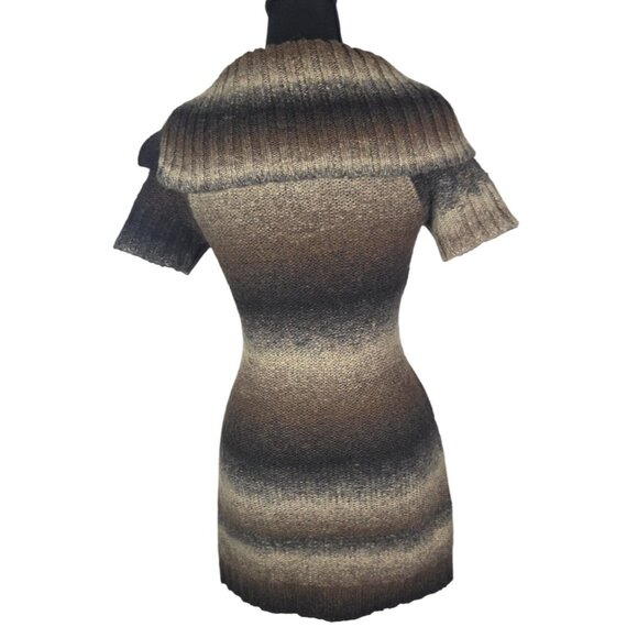 Y2K VTG Knit Short Sleeve Mini Dress Brown Foldover Neck Preppy Office Siren Sz - Picture 4 of 6
